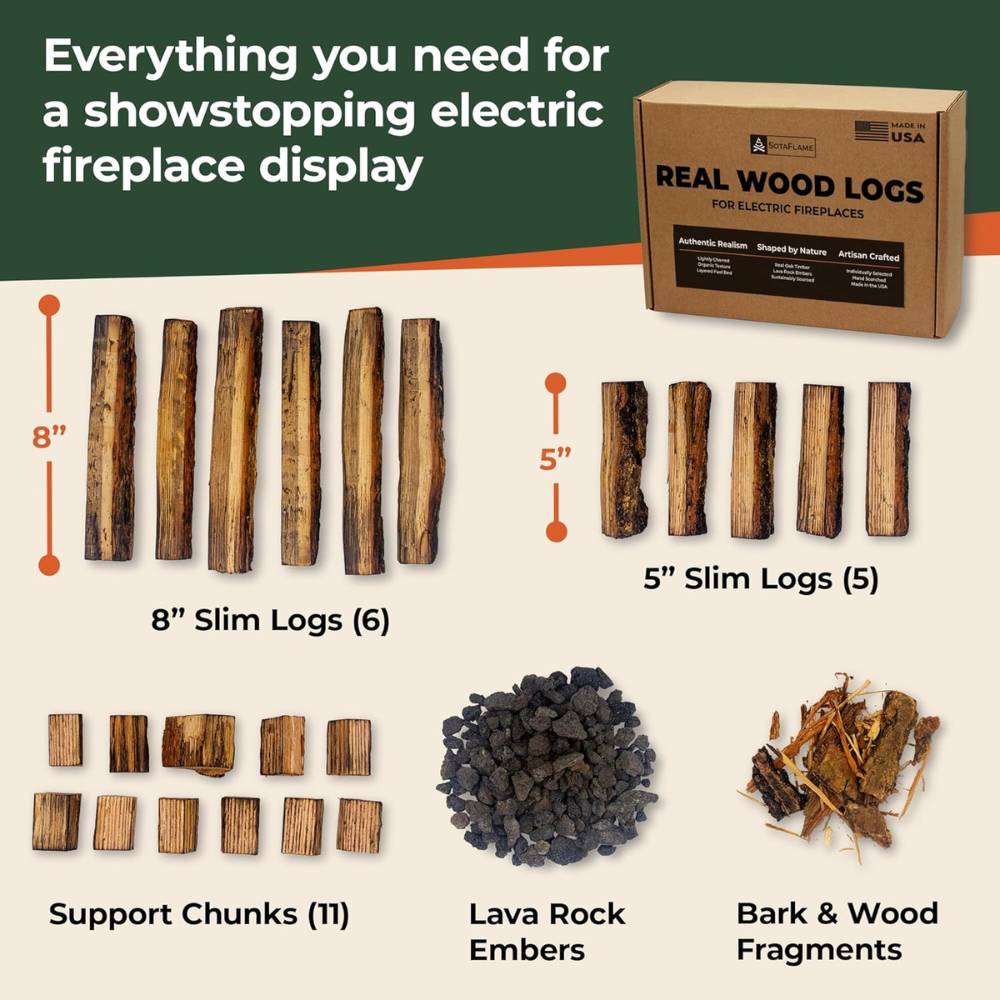 SotaFlame Premium Real Wood Log Set for 72" to 82" Slim Linear Electric Fireplaces