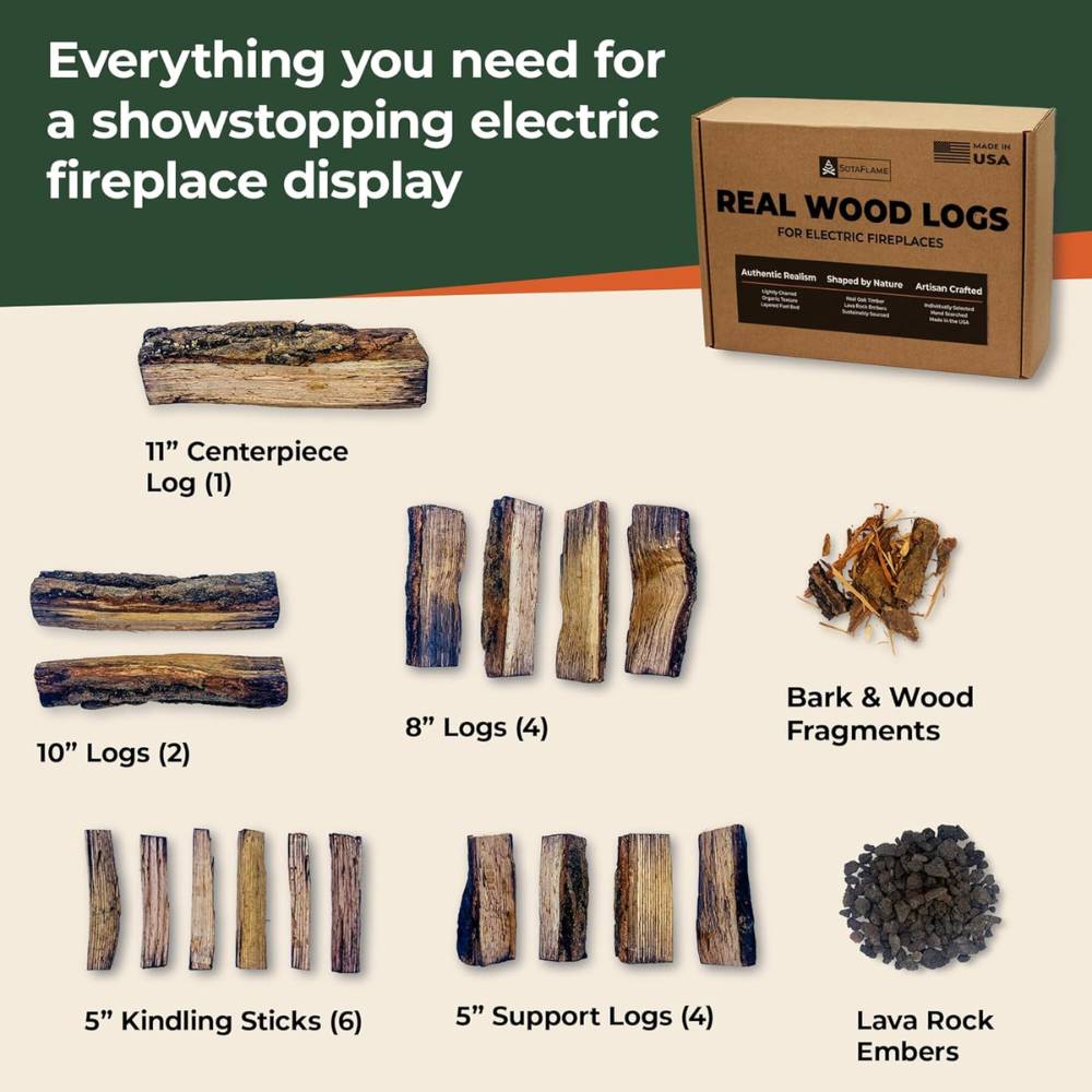 SotaFlame Premium Real Wood Log Set for 72" to 84" Wide Linear Electric Fireplaces Inclusions