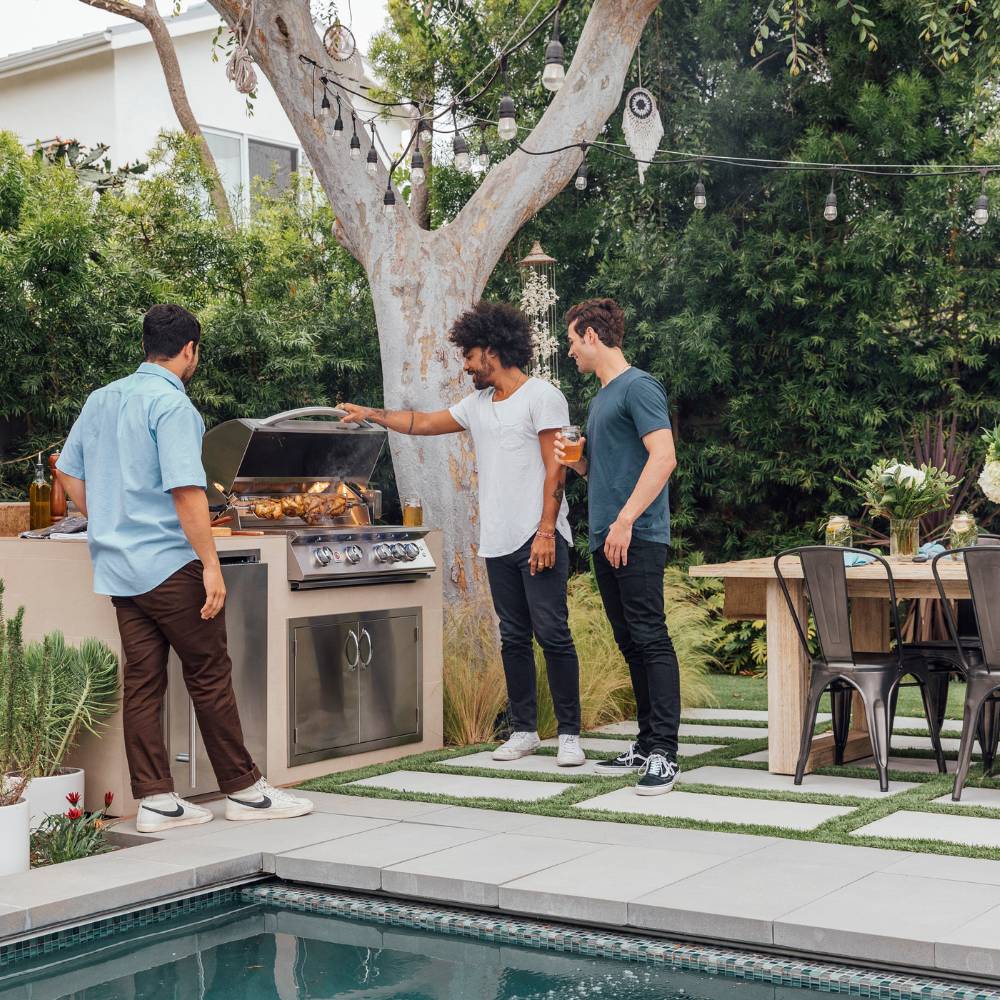 Summerset Sizzler PRO with Rotisserie and 3 Men by the Pool