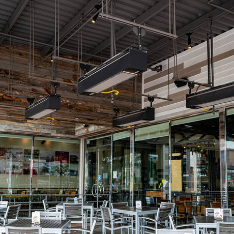 Sunpak S25 Wall/Ceiling Mounted Black Infrared Gas Heater at a restaurant