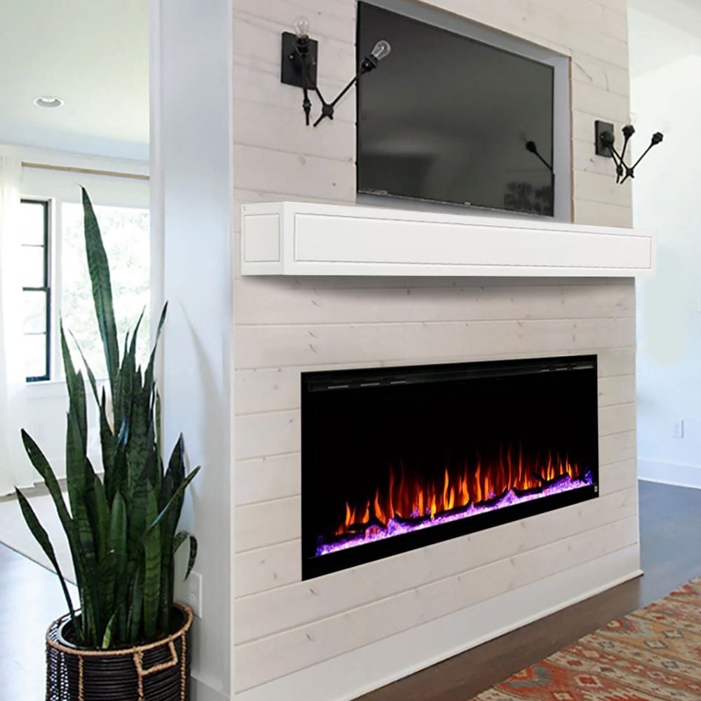 Touchstone Sideline Elite 60-Inch Electric Fireplace with White Mantel on a shiplap wall