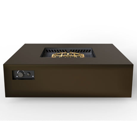 warming trends aon bronze square fire table with gray background with recessed controls and brass burner