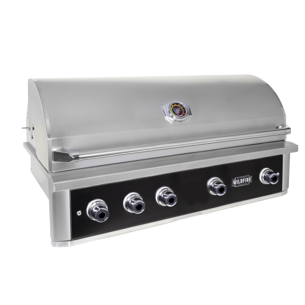 Wildfire Ranch PRO 42-Inch 4-Burner Built-In Gas Grill in Black Stainless Steel Angled View