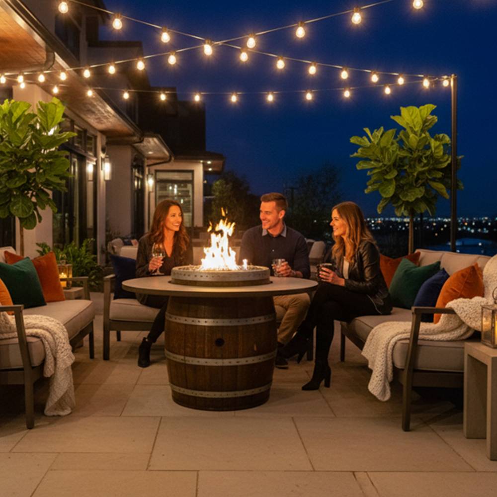 Wine Barrel Dude Dining Height Fire Table in Outdoor Terrace