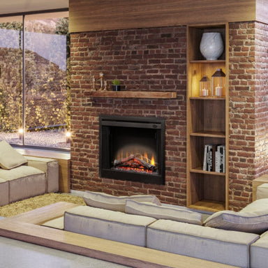 Dimplex 33-Inch Slim Line Built-in Electric Firebox installed into a brick wall