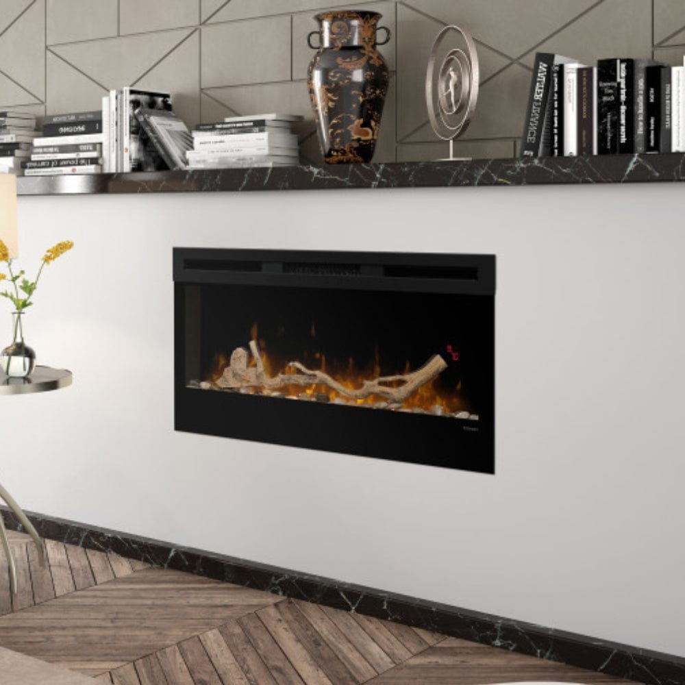driftwood and river rocks on 34" fireplace