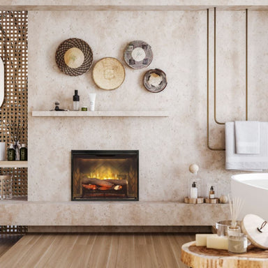 Dimplex Revillusion 24-Inch Built-in Electric Firebox in a cozy spa-like bathroom