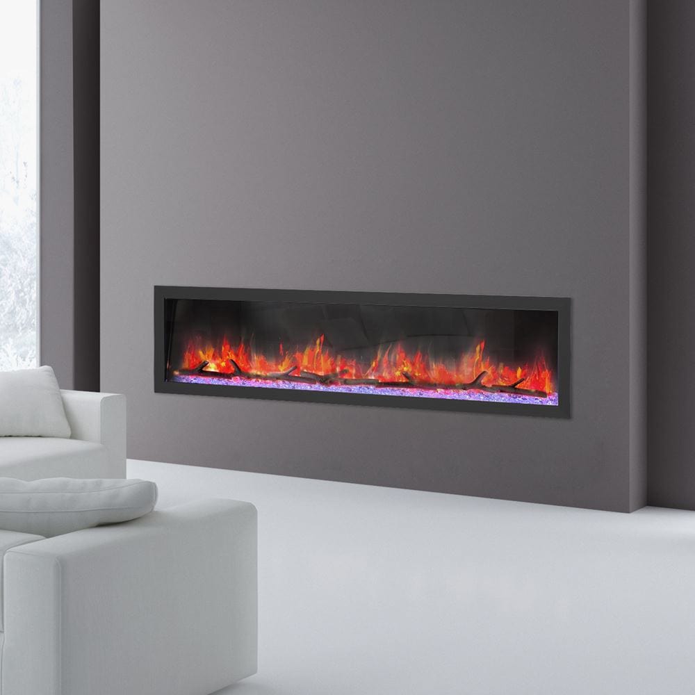 Dynasty Cascade 74-inch BTX74 Electric Fireplace built into a gray wall