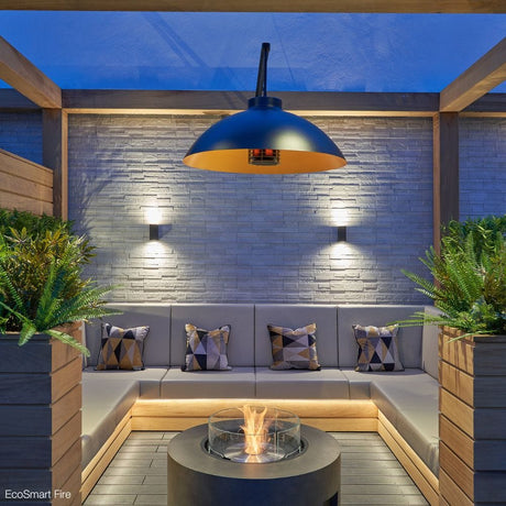 EcoSmart Fire Ark 39-Inch Round Concrete Gray Fire Pit Table under a pergola