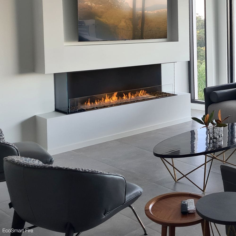EcoSmart Fire Flex Bay 3-Sided Ethanol Firebox in a contemporary living room