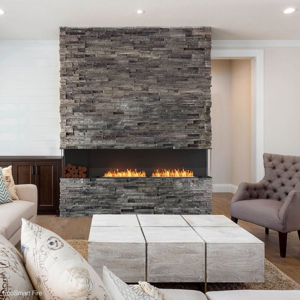 EcoSmart Fire Flex Bay 3-Sided Ethanol Firebox with Decorative Box in living room