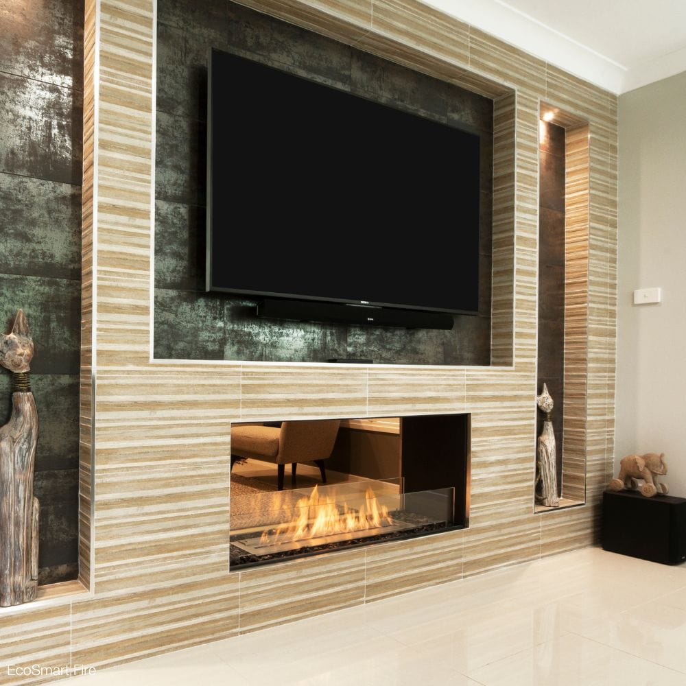 EcoSmart Fire Flex Double Sided Ethanol Firebox installed below a tv