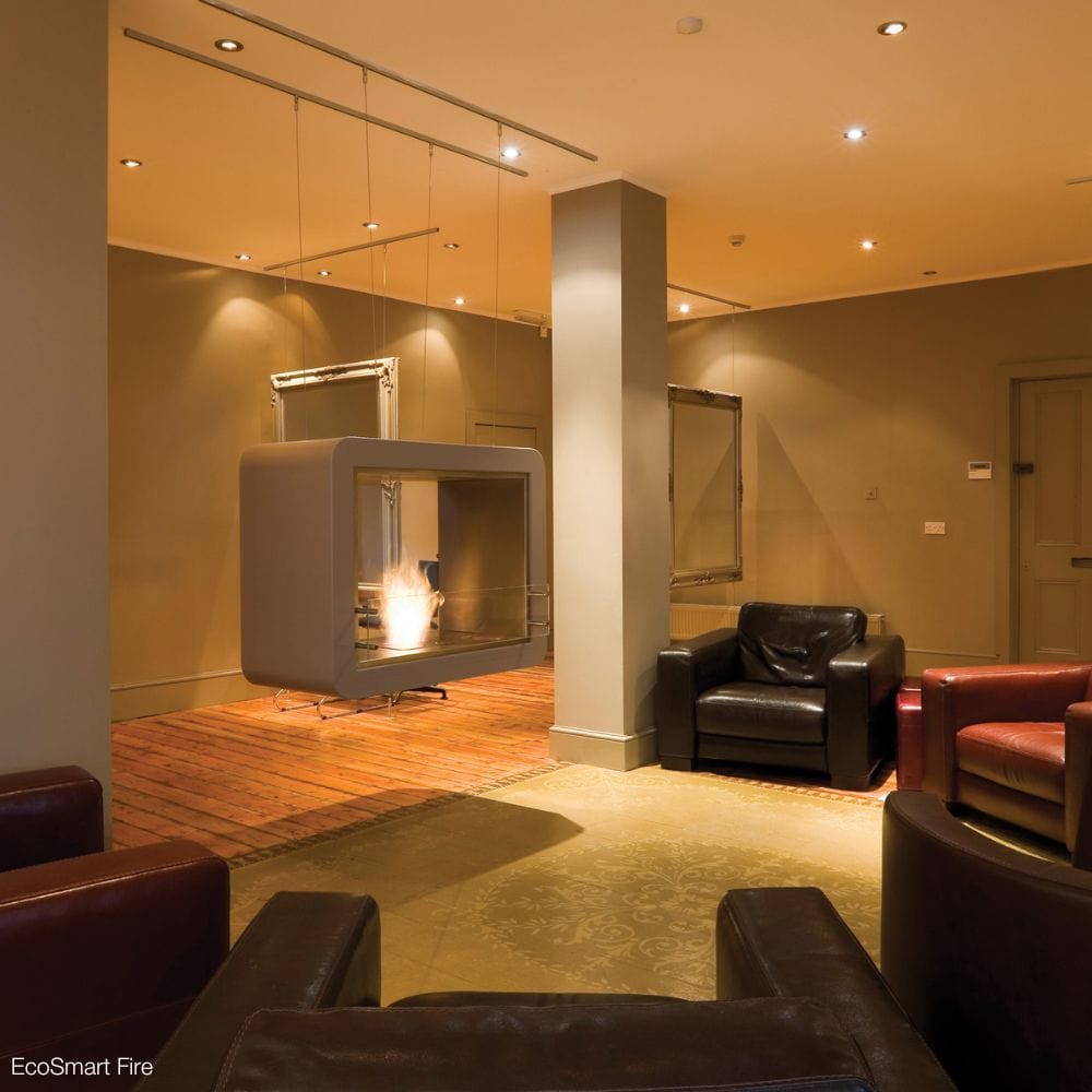 EcoSmart Fire Flex Double Sided Ethanol Firebox in a hotel lounge