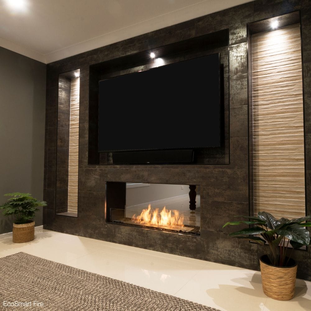EcoSmart Fire Flex Double Sided Ethanol Firebox in a living room wall