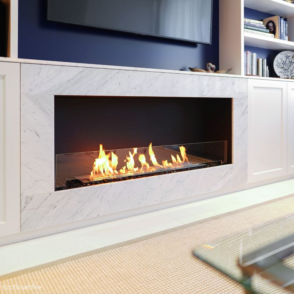 EcoSmart Fire Flex Single Sided Ethanol Firebox installed beside shelves