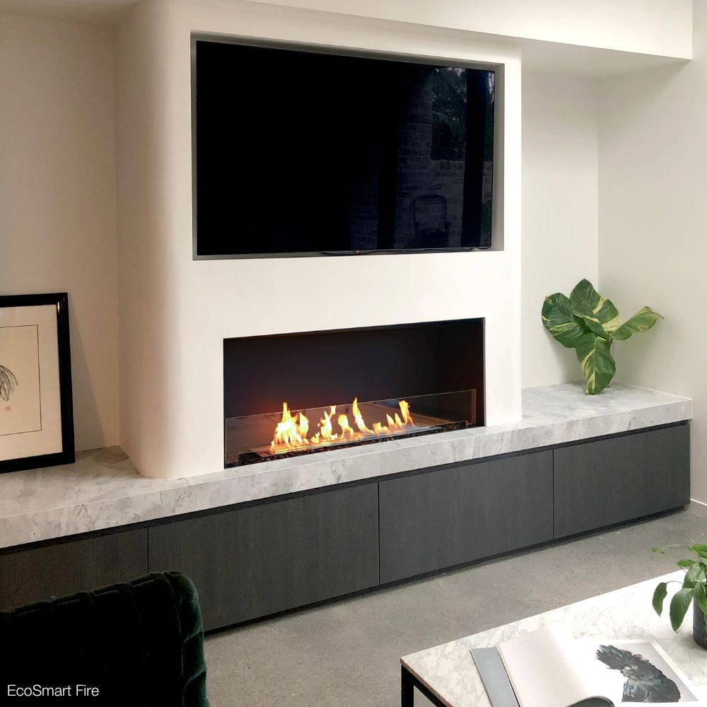 EcoSmart Fire Flex Single Sided Ethanol Firebox in a contemporary living room