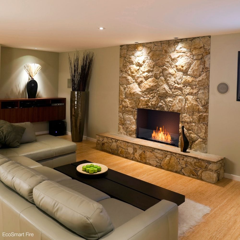 EcoSmart Fire Flex Single Sided Ethanol Firebox with stone surround