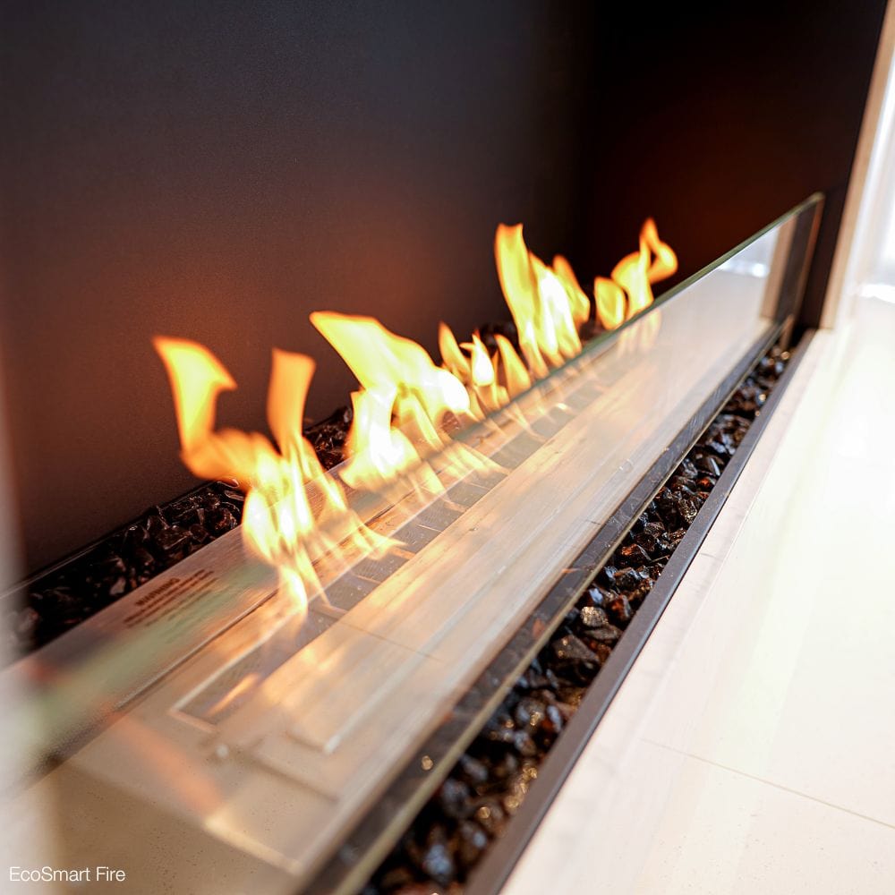 close up on flames of EcoSmart Fire Flex Single Sided Ethanol Firebox