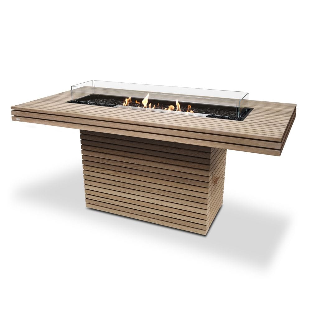 EcoSmart Fire Gin 90 Bar Height Rectangular Fire Pit Table in teak with ethanol burner