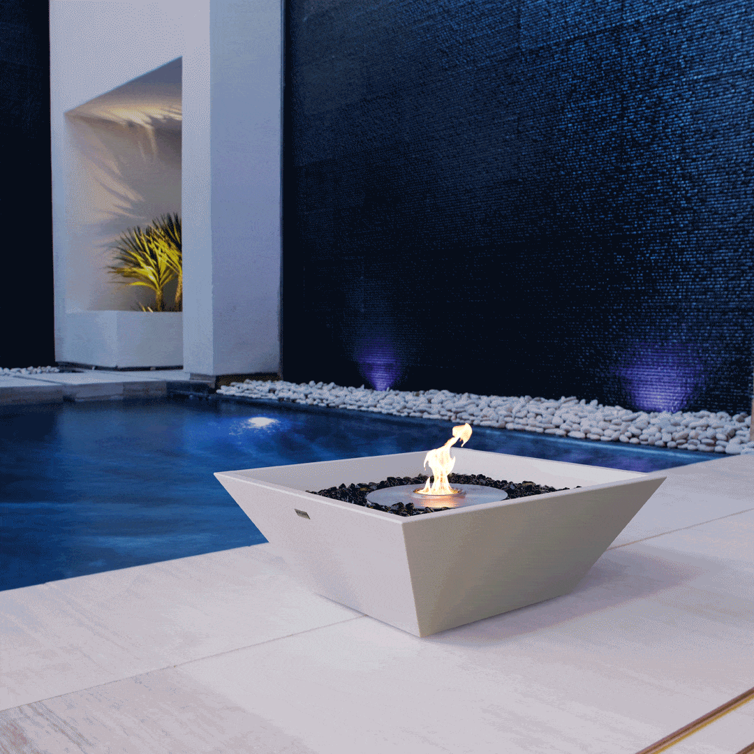 EcoSmart Fire Nova 600 24" Square Ethanol Fire Bowl by the Swimming Pool with moving fire