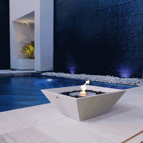 EcoSmart Fire Nova 600 24" Square Ethanol Fire Bowl by the Swimming Pool with moving fire