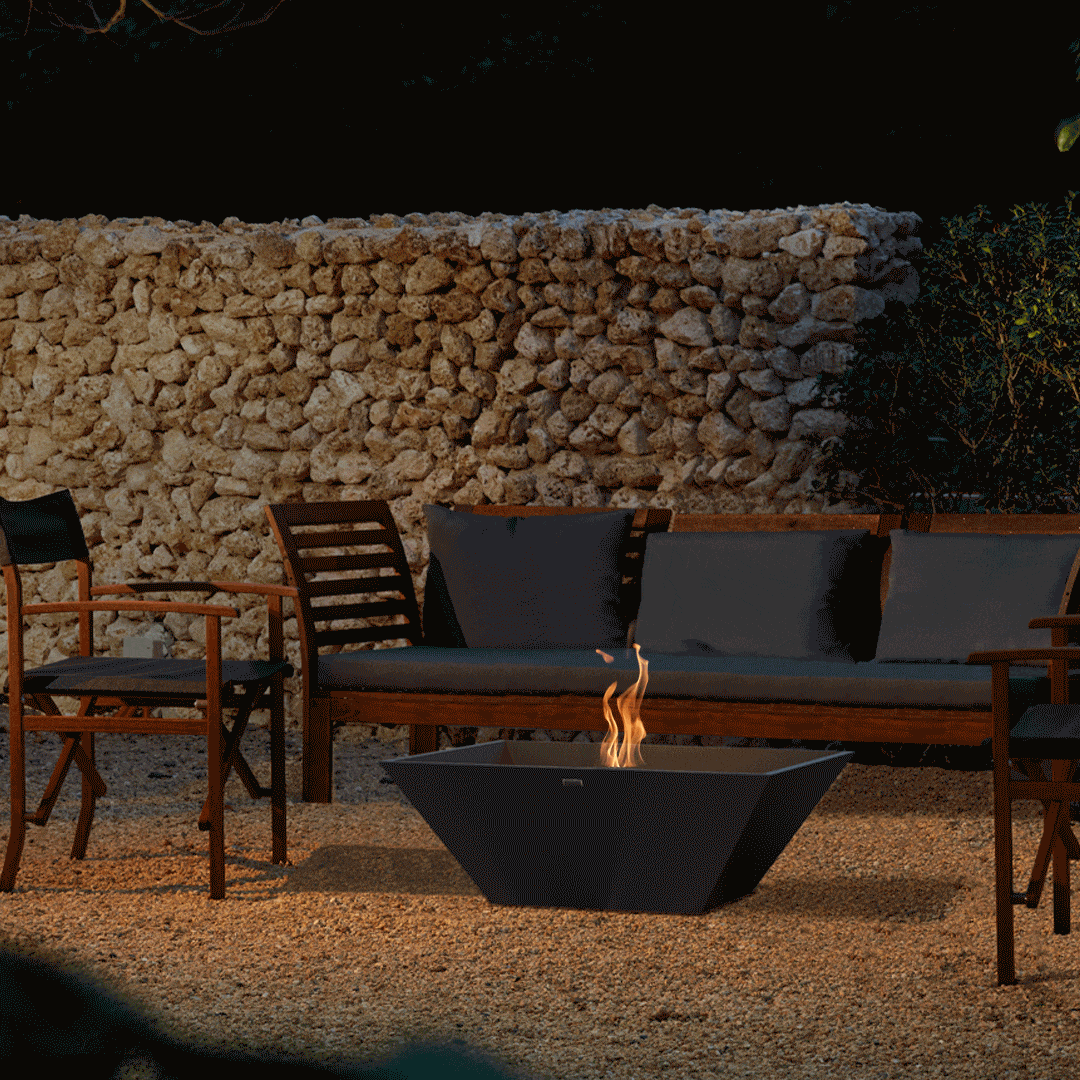 EcoSmart Fire Nova 850 33" Square Concrete Ethanol Fire Bowl Lit Up In Lounge Area with moving flame