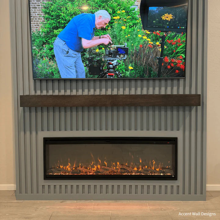 TV mounted above a fireplace with a scenic display