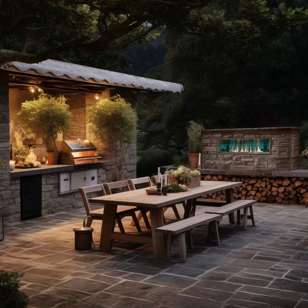Firegear Kalea Bay Gas Fireplace with Green LED Lights in Outdoor Kitchen
