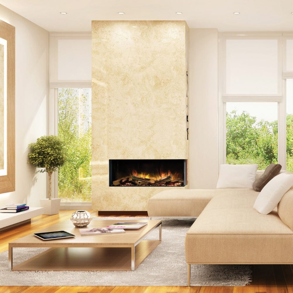 Flamerite E-FX 3-Sided Built-In Electric Fireplace in a bright living room