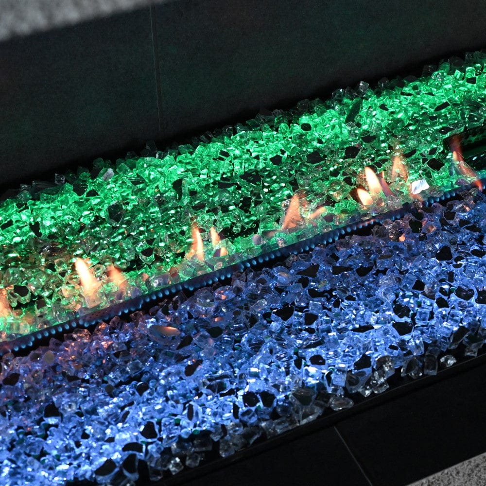 Close up fire look of Grand Canyon Bedrock II Ventless Linear Drop-In Burner with fire glass