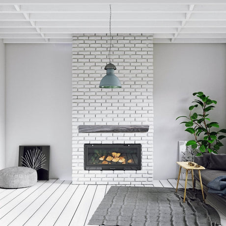 Lexington Hearth Cabin Pine Weathered Gray Mantel in a contemporary living space