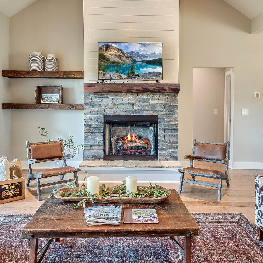 Lexington Hearth Cabin Pine Maduro Mantel in a modern farmhouse styled space