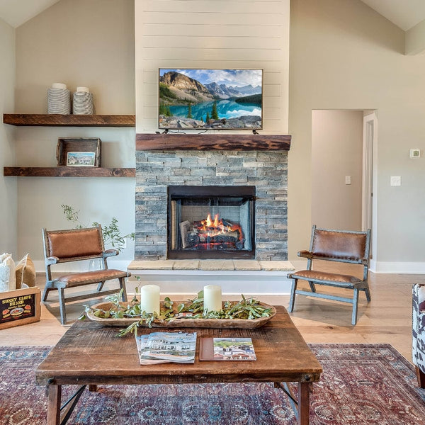 Lexington Hearth Cabin Pine Maduro Mantel in a modern farmhouse styled space
