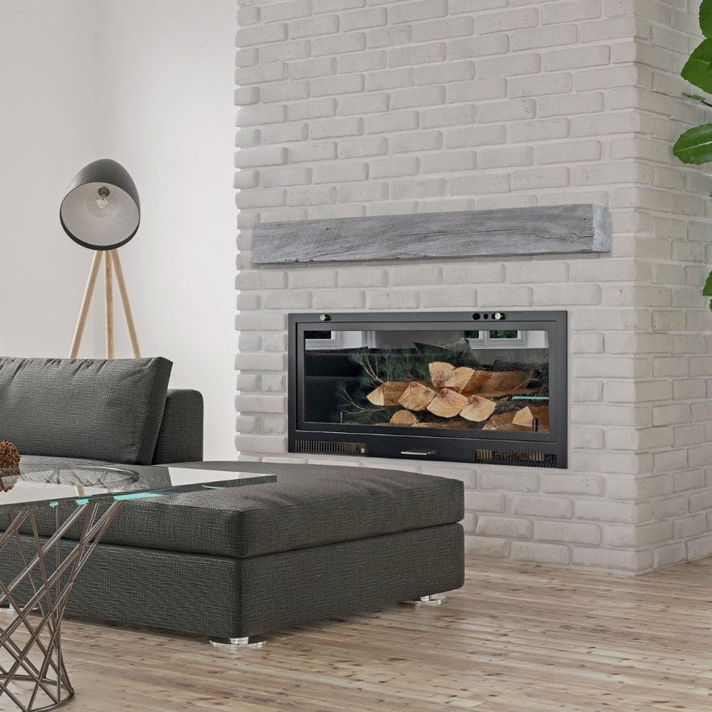 Lexington Hearth Grist Mill Concrete Faux Wood Mantel Shelf on a brick wall