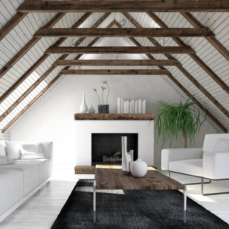 Lexington Hearth Half-Round Sleeper Faux Wood Mantel Shelf in a cozy attic