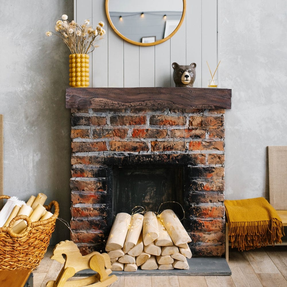 Lexington Hearth Rickhouse Concrete Faux Wood Mantel Shelf on a brick surround