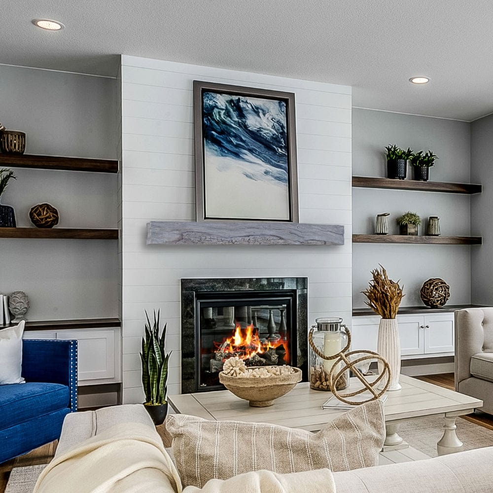 Lexington Hearth Rickhouse Gray Faux Wood Mantel in a modern farmhouse Shelf