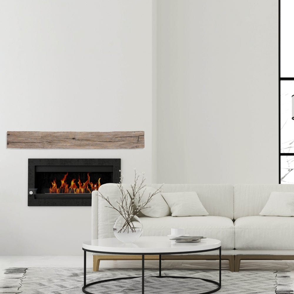 Lexington Hearth Tobacco Barn Faux Wood Mantel in an all white living room