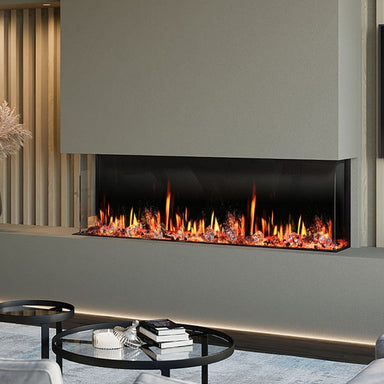 Litedeer Homes' Warmcastle 3-Sided Electric Fireplace is recessed in front of the living room table.