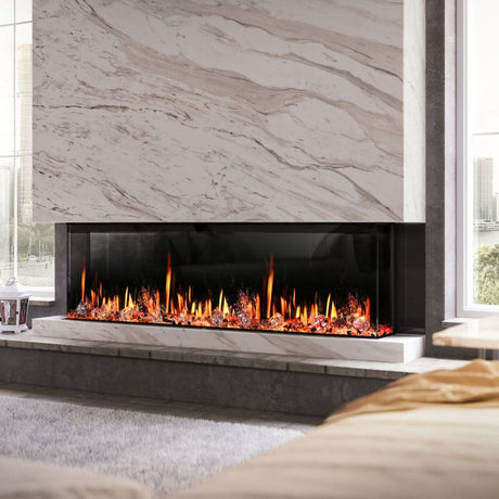 Litedeer Homes' Warmcastle 3-Sided Electric Fireplace is recessed, providing three views besides the windows in the living room.