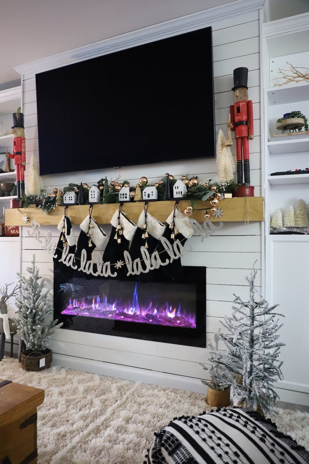 Modern Blaze electric fireplace with holiday decor