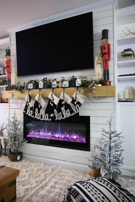 Modern Blaze electric fireplace with holiday decor