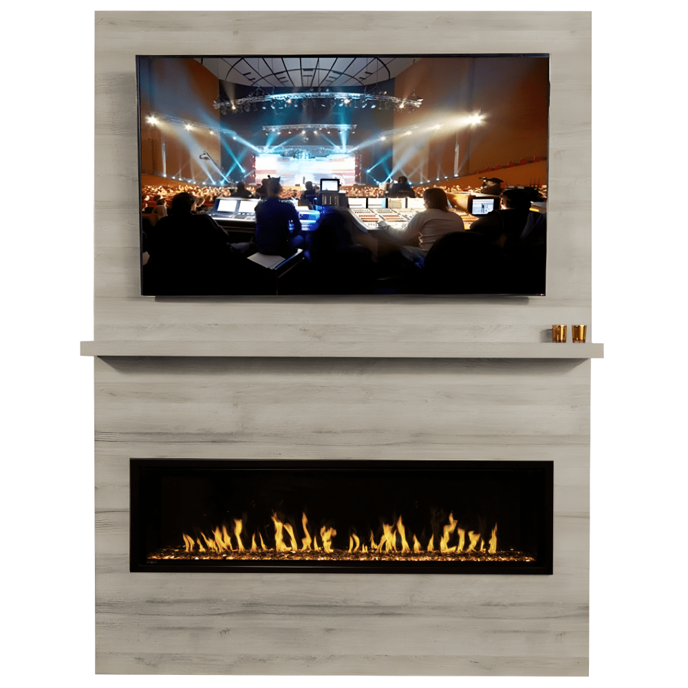 Modern Flames Allwood Fireplace Wall System with Orion Slim and Mounted TV in Coastal Sand Finish Front View