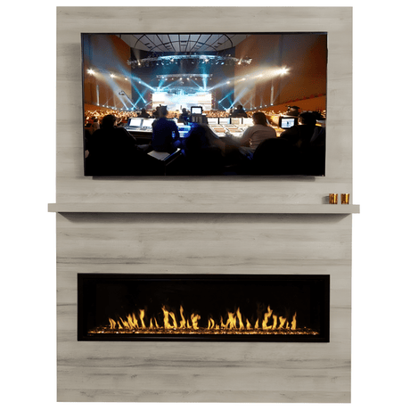 Modern Flames Allwood Fireplace Wall System with Orion Slim and Mounted TV in Coastal Sand Finish Front View