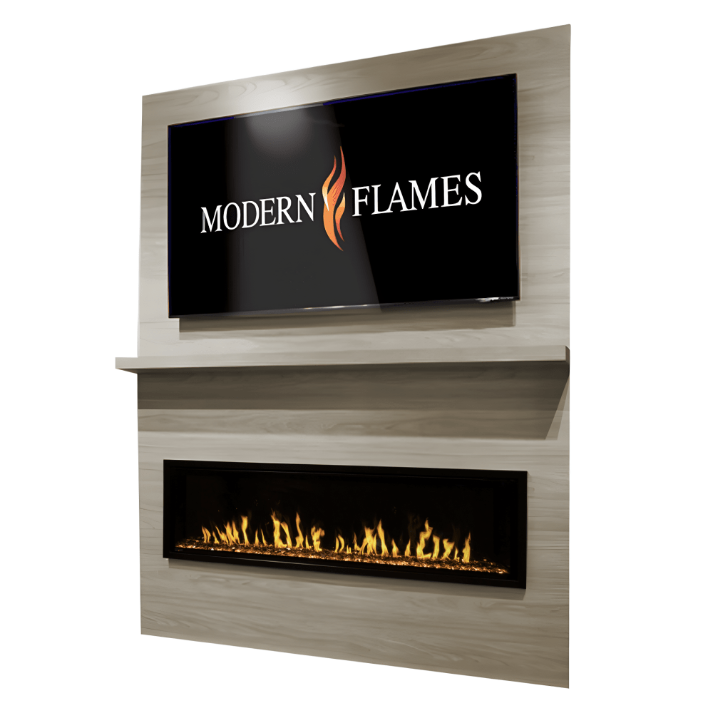 Modern Flames Allwood Fireplace Wall System with Orion Slim and Mounted TV in Coastal Sand Finish