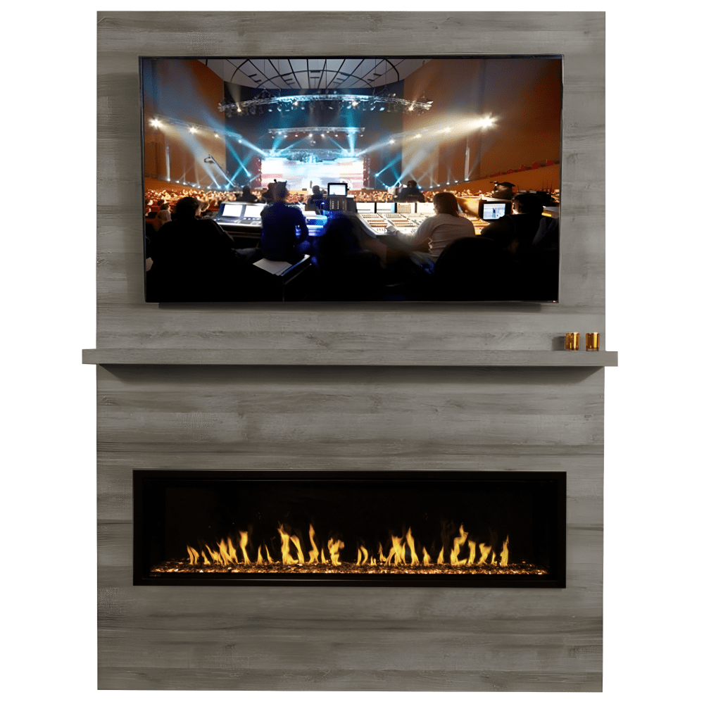 Modern Flames Allwood Fireplace Wall System with Orion Slim and Mounted TV in Driftwood Gray Finish Front View
