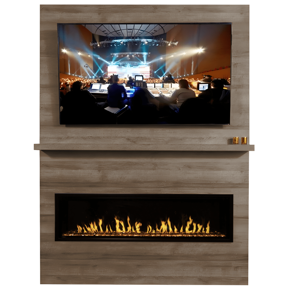 Modern Flames Allwood Fireplace Wall System with Orion Slim and Mounted TV in Weathered Walnut Finish Front View