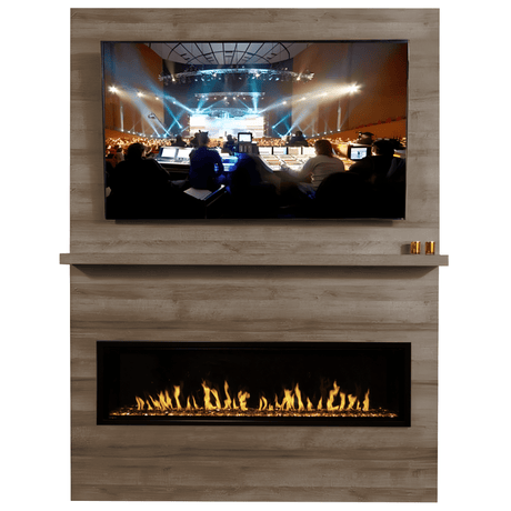 Modern Flames Allwood Fireplace Wall System with Orion Slim and Mounted TV in Weathered Walnut Finish Front View
