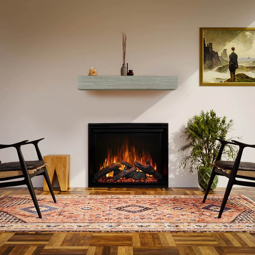Modern Flames Redstone 36 Electric Fireplace with gray mantel in minimalist boho room