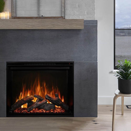 Modern Flames Redstone 36 Electric Fireplace with brown mantel in a sleek living room